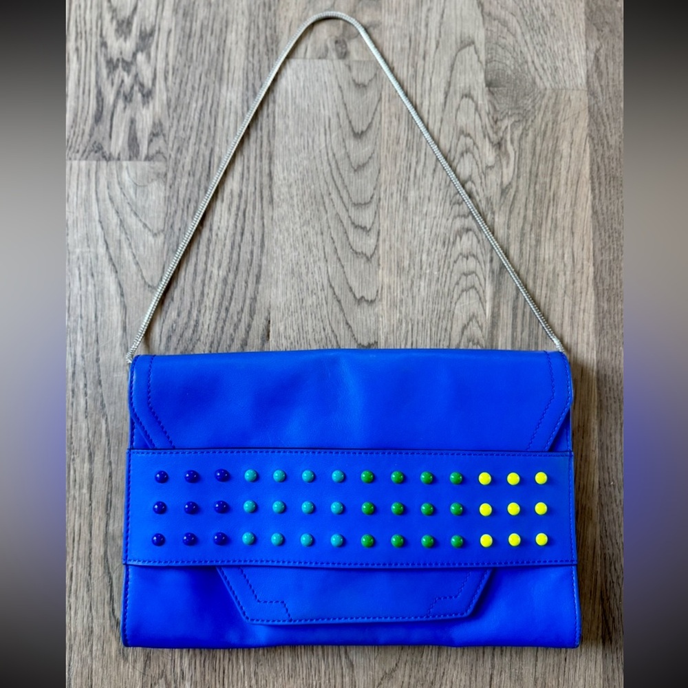 MILLY Grecian Vibrant Blue Leather Clutch with Chain Strap and Colorful Studs